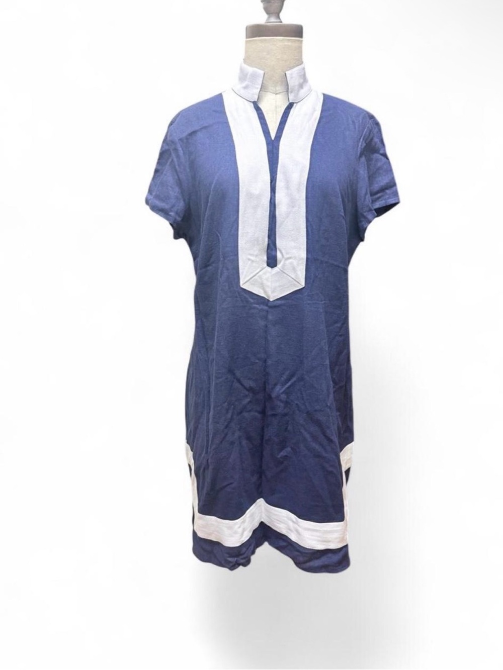 Sail to Sable nautical navy blue and white linen blend shift dress Sz L coastal